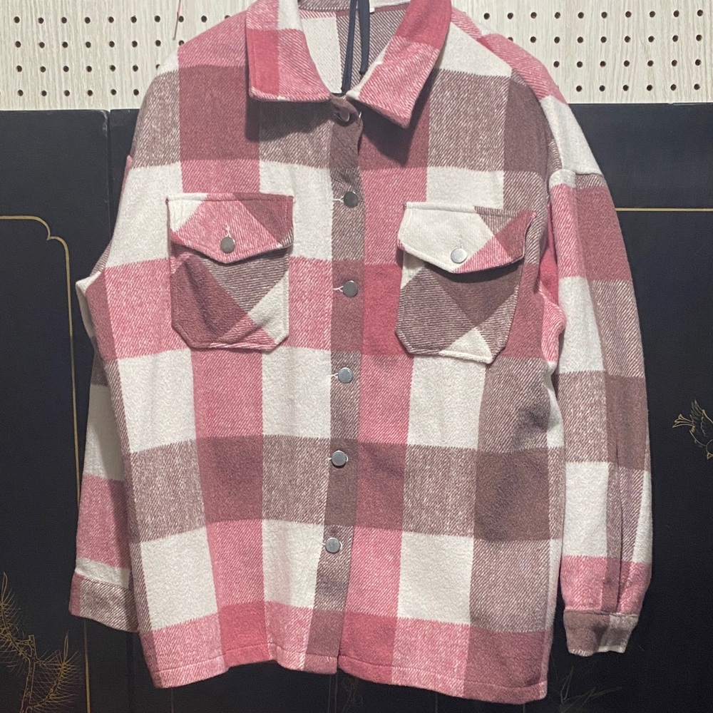 Amazon Essentials Pink and Brown Plaid Teddy Jacket